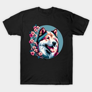 Karelian Bear Dog Delights in Spring Cherry Blossoms T-Shirt